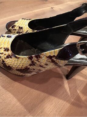 Donald J. Pliner Yellow and Brown Snake-Print Slingback Heels